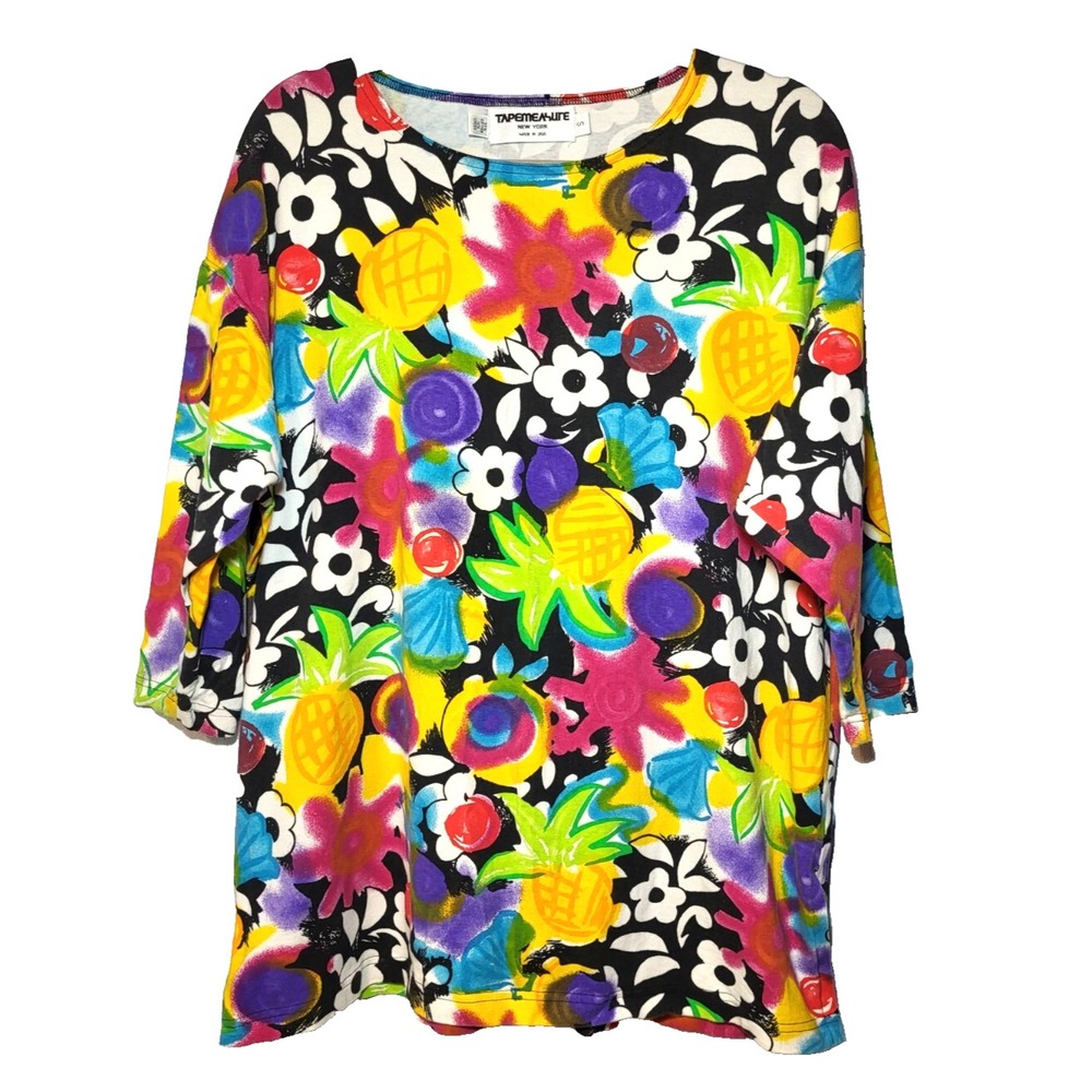 VTG Tapemeasure NY Bright Abstract Raglan Sleeve Oversized Tunic Slits USA Small